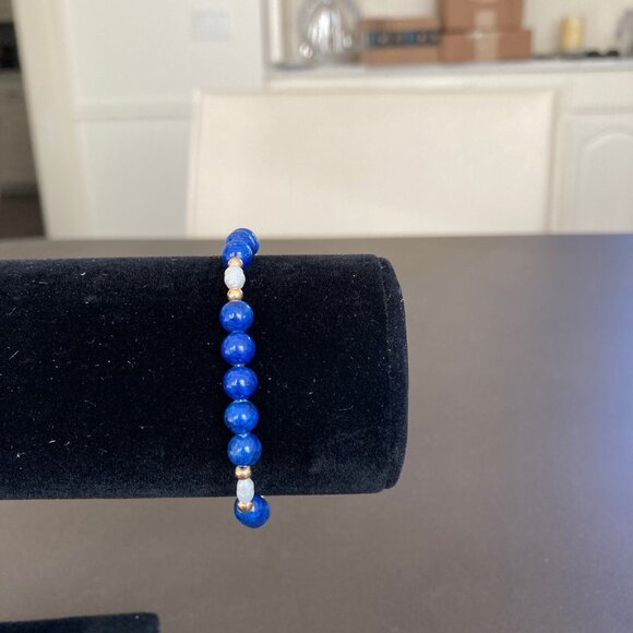 Lapis Lazuli 5.5mm Beads, Pearl and Gold Bead Bracelet with 14k Gold Clasp - Picture 7 of 16